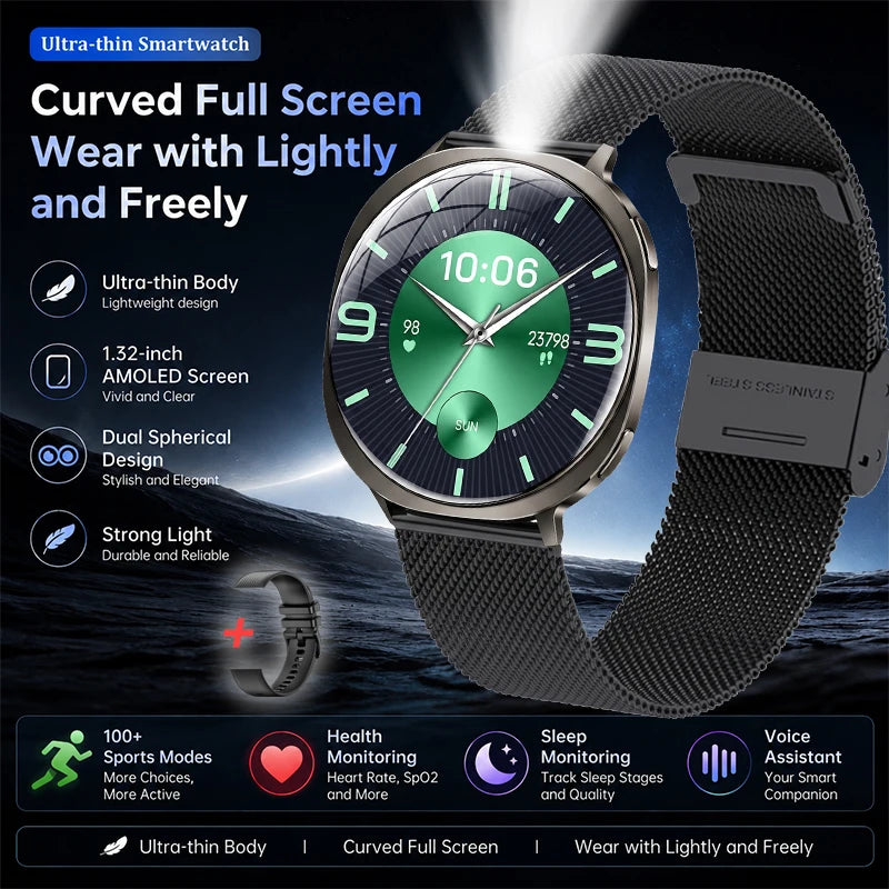 Round smart watch with curved AMOLED display and dark gray mesh strap