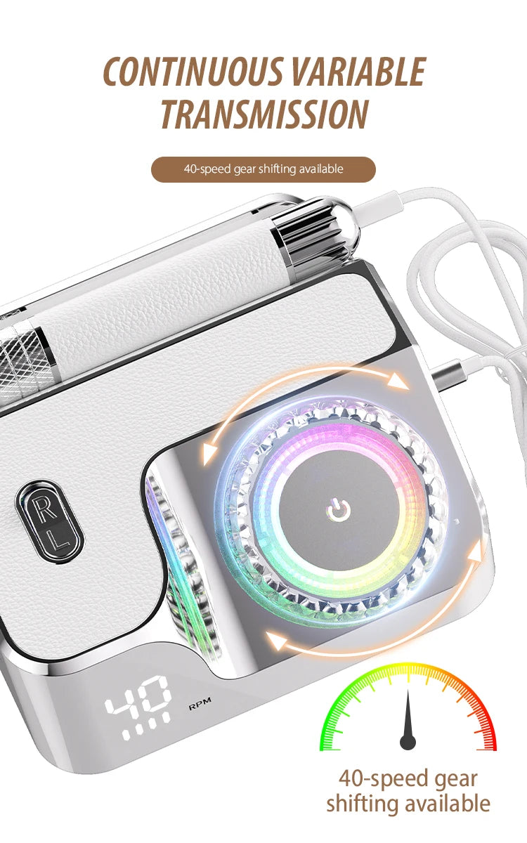 Luxury 40000RPM rechargeable nail drill with LED speed dial, digital display, and sleek white ergonomic design.