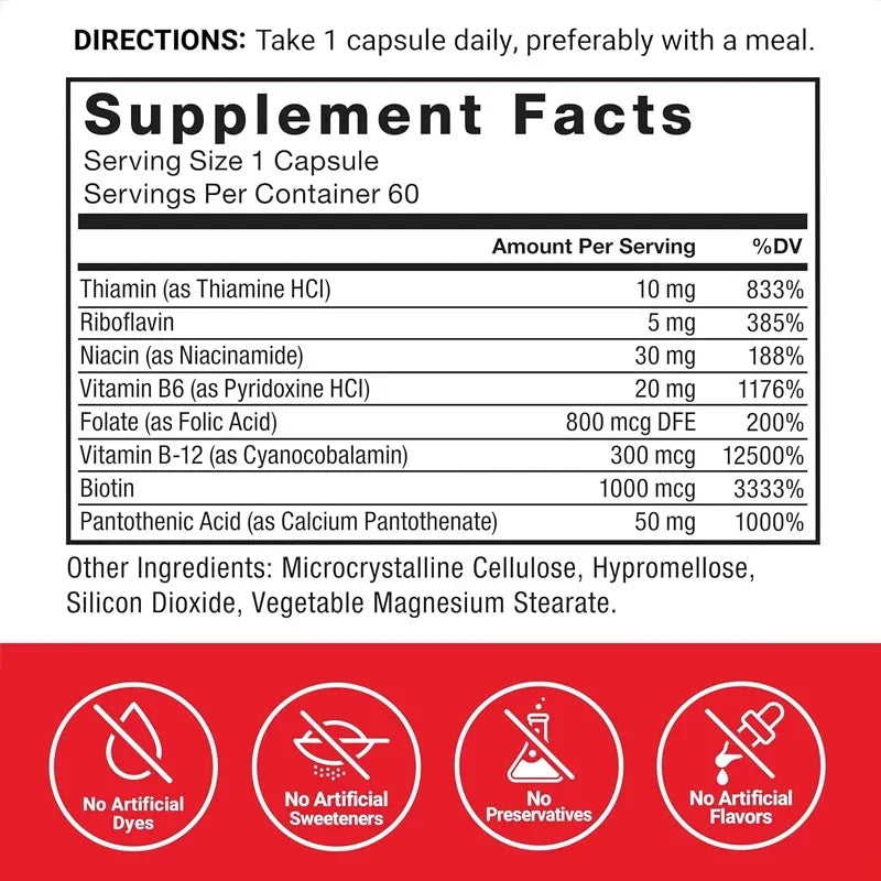 Vitamin B Complex Supports , Containing Vitamins B1, B2, B3, B12, Etc., Vegetarian, Non Gmo, 60 Capsules Of Vegetables