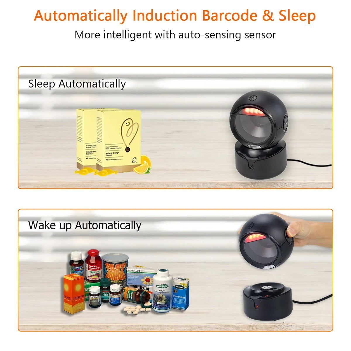 Black desktop barcode scanner showing sleep and wake behavior with auto-sensing
