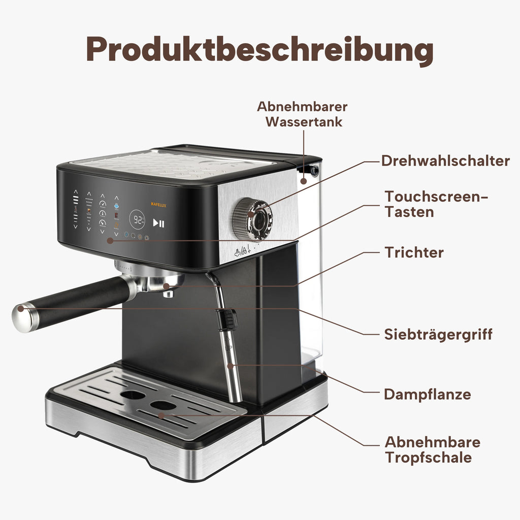 Kafelux espresso machine with black and stainless steel finish, touchscreen, steam wand, and removable water tank.