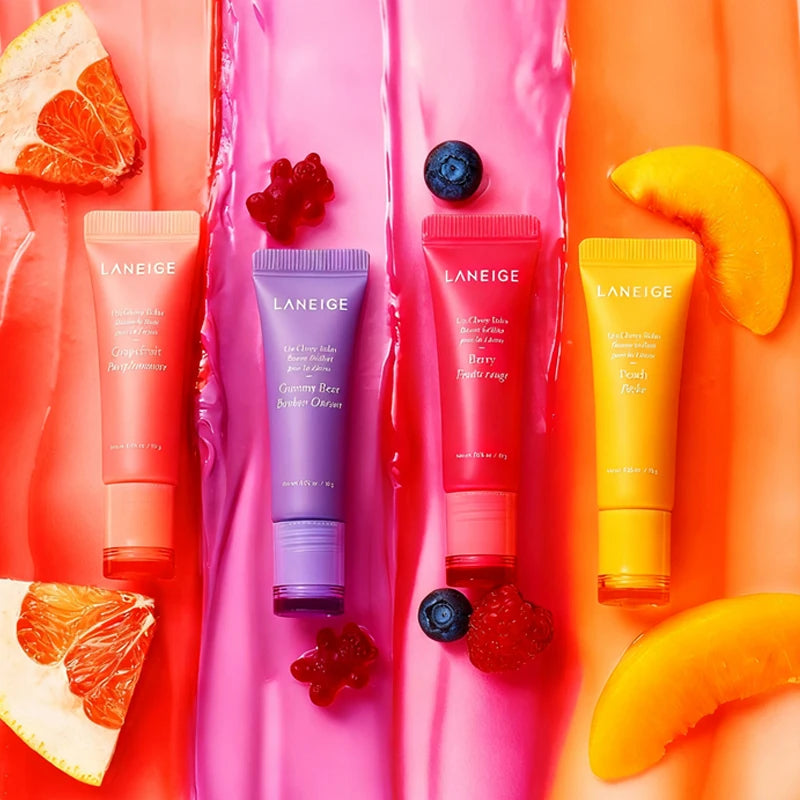 Laneige Lip Glowy Balm set: colorful hydrating serum lip gloss tubes with fruit-inspired tints and glossy texture.