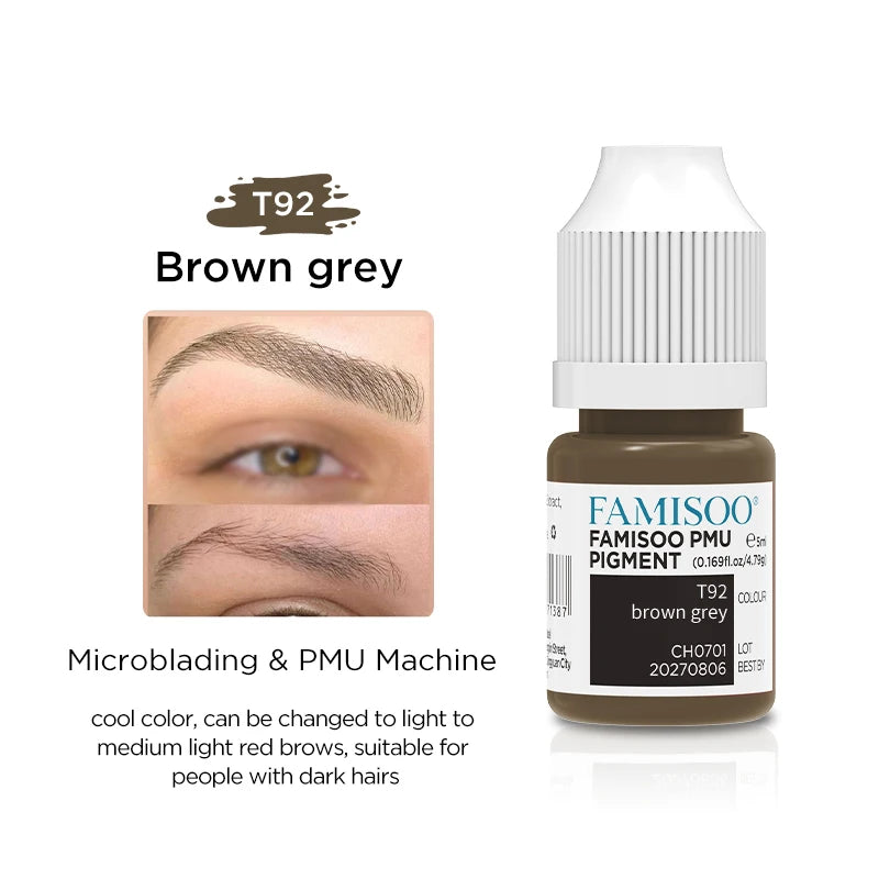 Eyebrow Tattoo Ink - Professional 5ml Microblading Pigment for PMU Machines Permanent Makeup Machines T92 grey brown Tidesmit