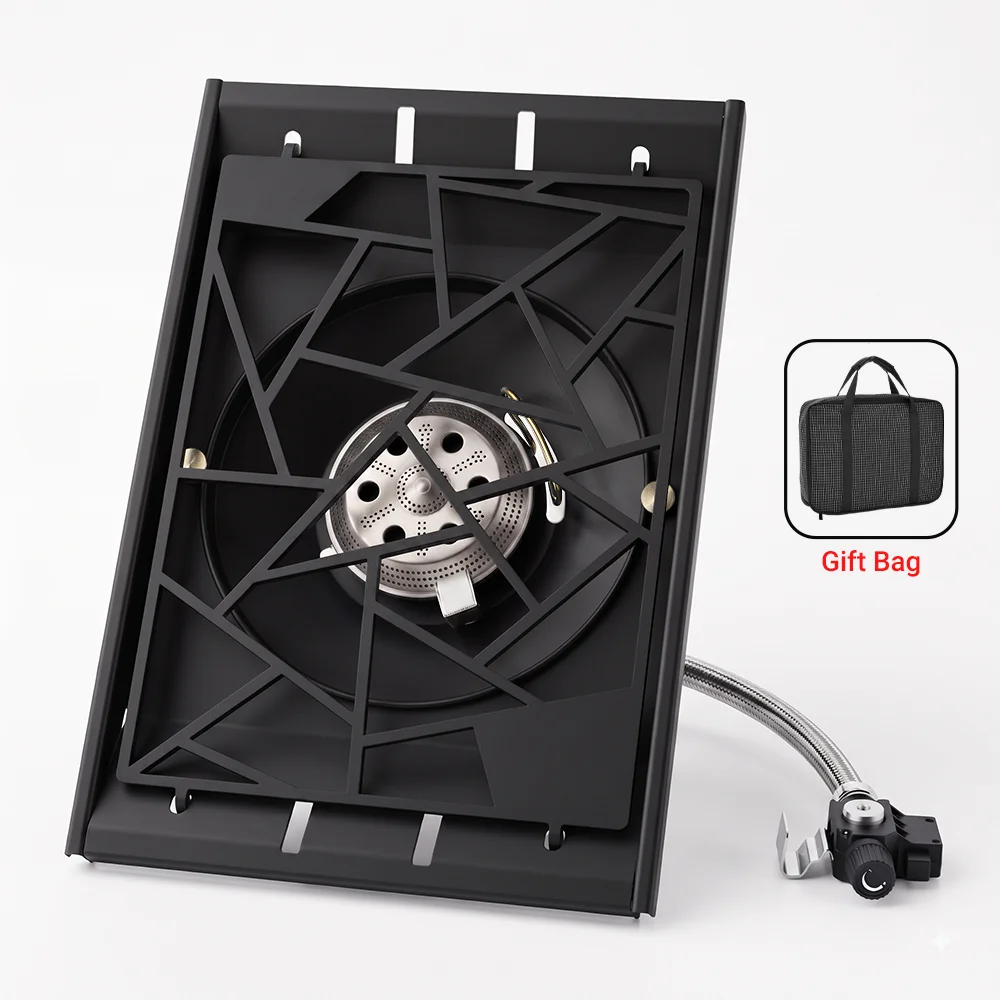 Folded or boxed portable camping stove with black grate and burner head, with gift bag