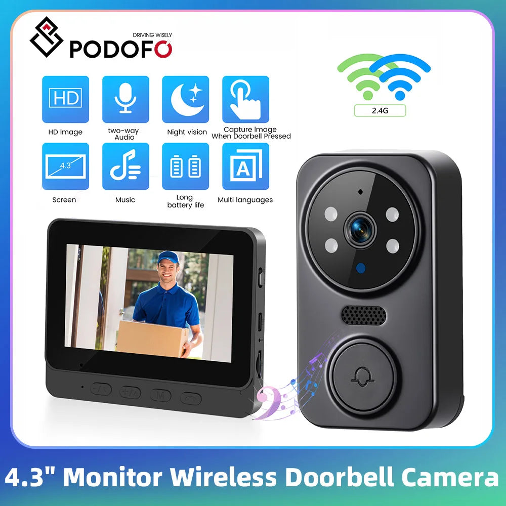 Podofo 4.3inch IPS Screen Wireless Doorbell Night Vision Intercom Video Monitor Video Two-way Intercom Doorbell Ring Door Camera