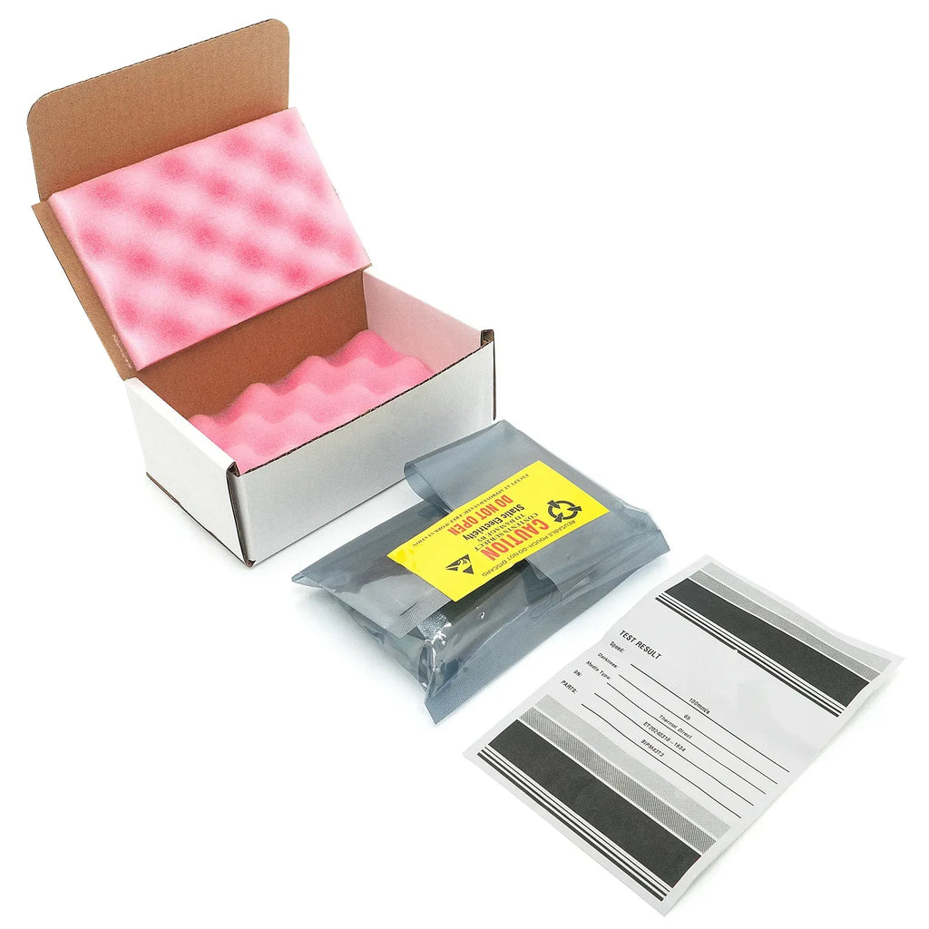 Thermal printhead packaging box with foam insert and label test sheets