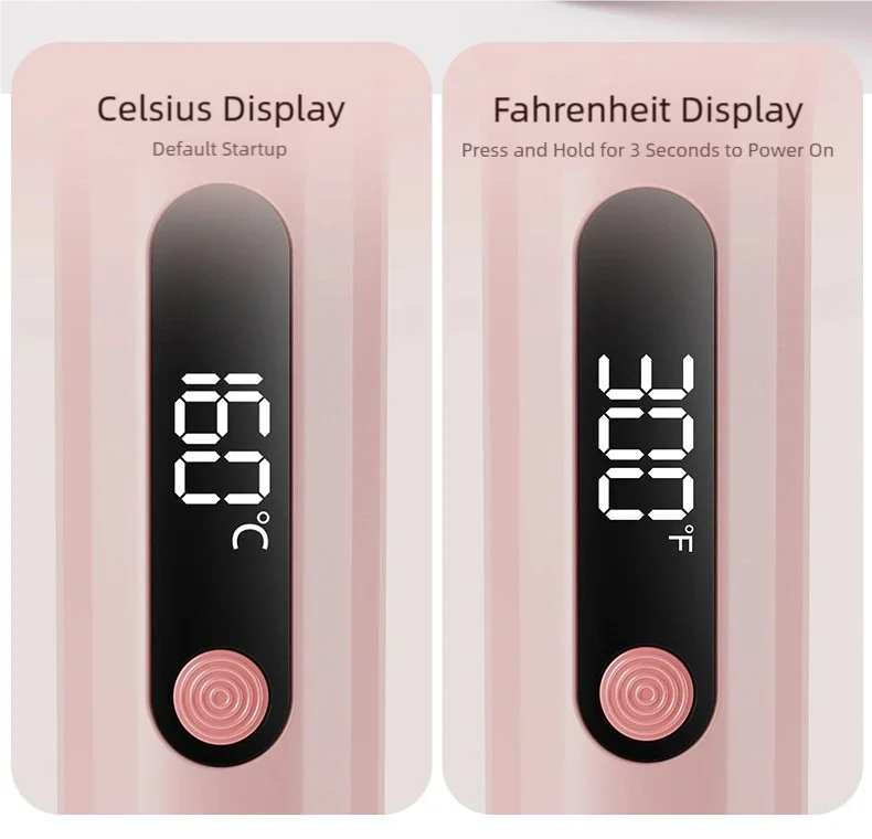 TINSOL pink hot air brush with digital LED display showing Celsius and Fahrenheit temperature settings for styling.