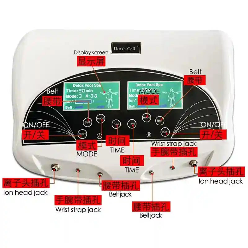 Dual ionic detox foot bath machine with digital display, control buttons, and ports for ion heads and waist belts.