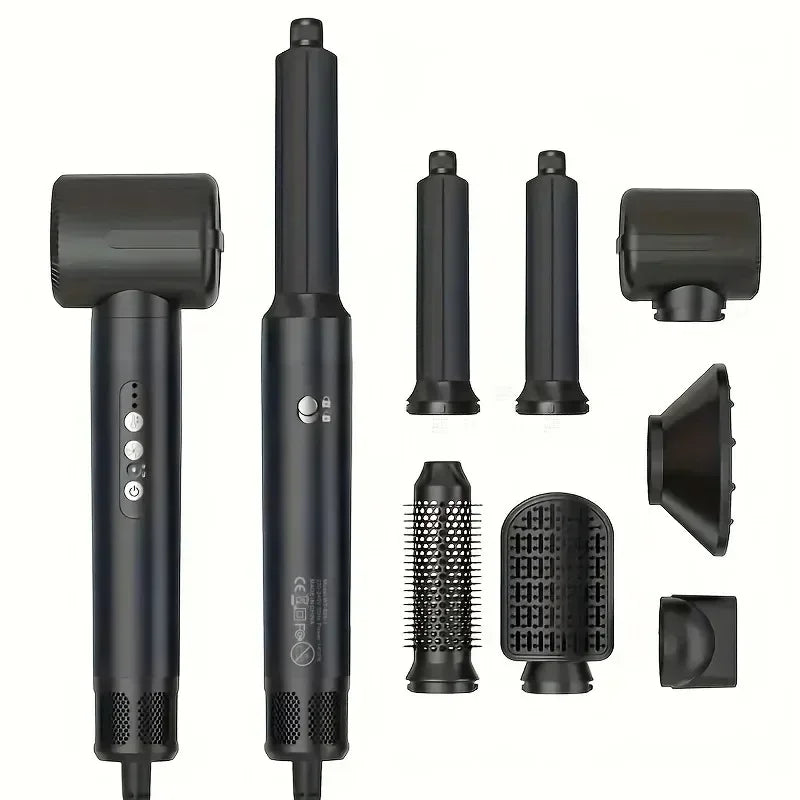 TINSOL 7-in-1 black hair dryer and curling iron set with styling brush attachments and professional heat settings.