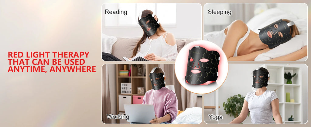 Hottoerak flexible silicone red light therapy mask for face skincare, showing usage while reading, sleeping, and yoga.