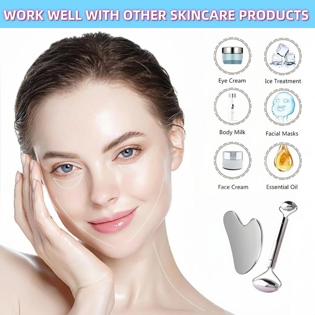 A woman with dashed lines on her face, alongside a stainless steel gua sha tool and matching facial roller.