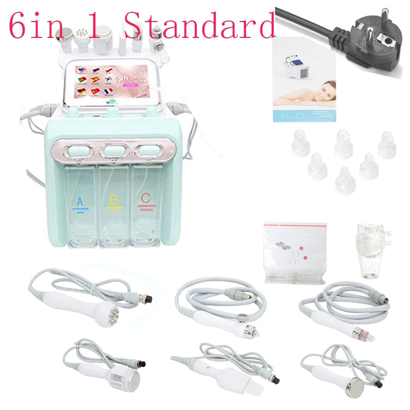 AOKO 6-in-1 hydro dermabrasion facial machine with aqua deep cleaning probes and touch screen for home spa skin care.