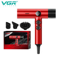 Red VGR V-401 professional leafless hair dryer with digital display, BLDC motor, and 3 styling attachments included.
