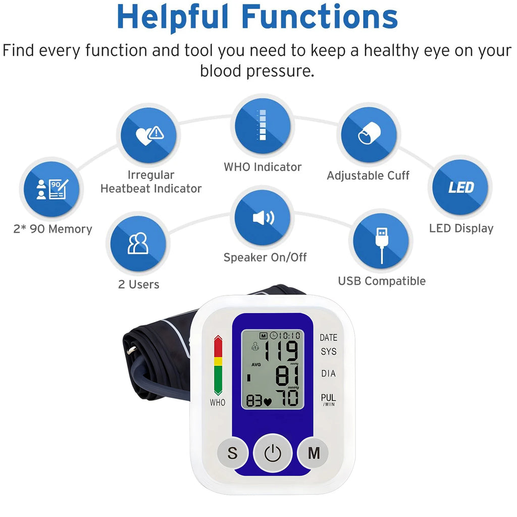 Automatic Upper Arm Blood Pressure Monitor Home Sphygmomanometer Tensiometer Tonometer Heart Rate Pulse Meter Medical BP Monitor