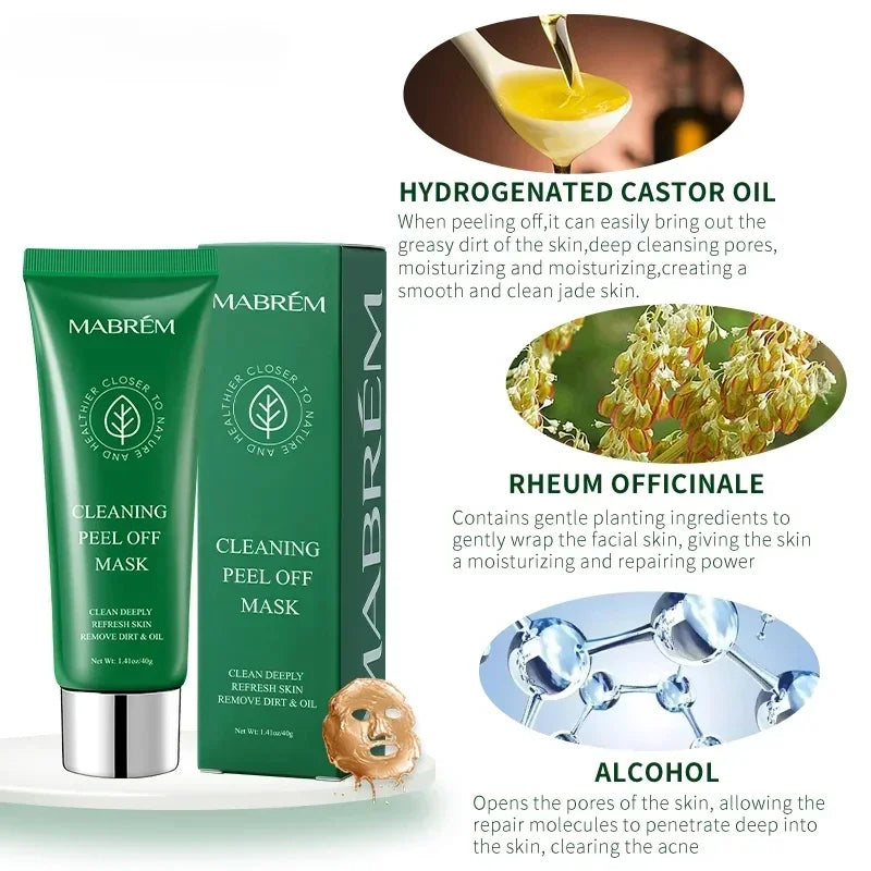 Mabrem green tube and box of peel-off cleaning mask with ingredient illustrations and text.