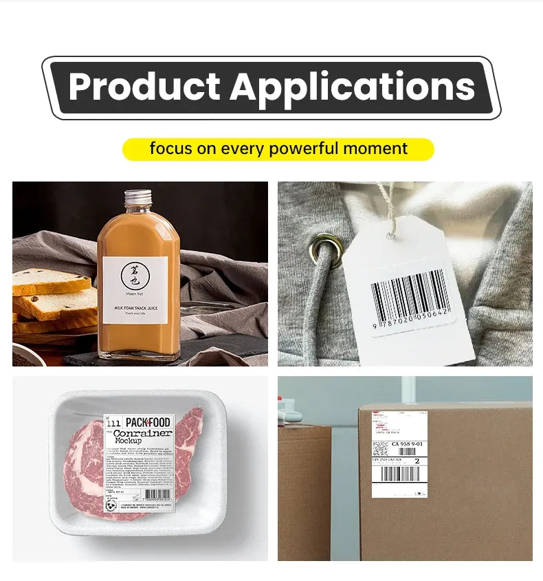 Multipurpose barcode labels shown on bottles, clothing tags, food pack, and boxes