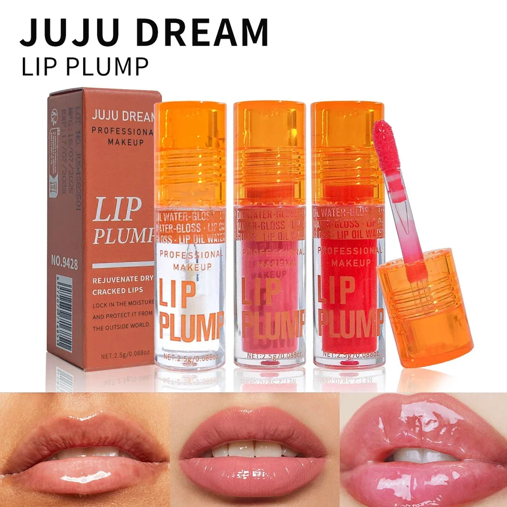 3-piece Juju Dream lip oil plump set with clear, pink, and red hydrating gloss for a shiny, moisturized finish.