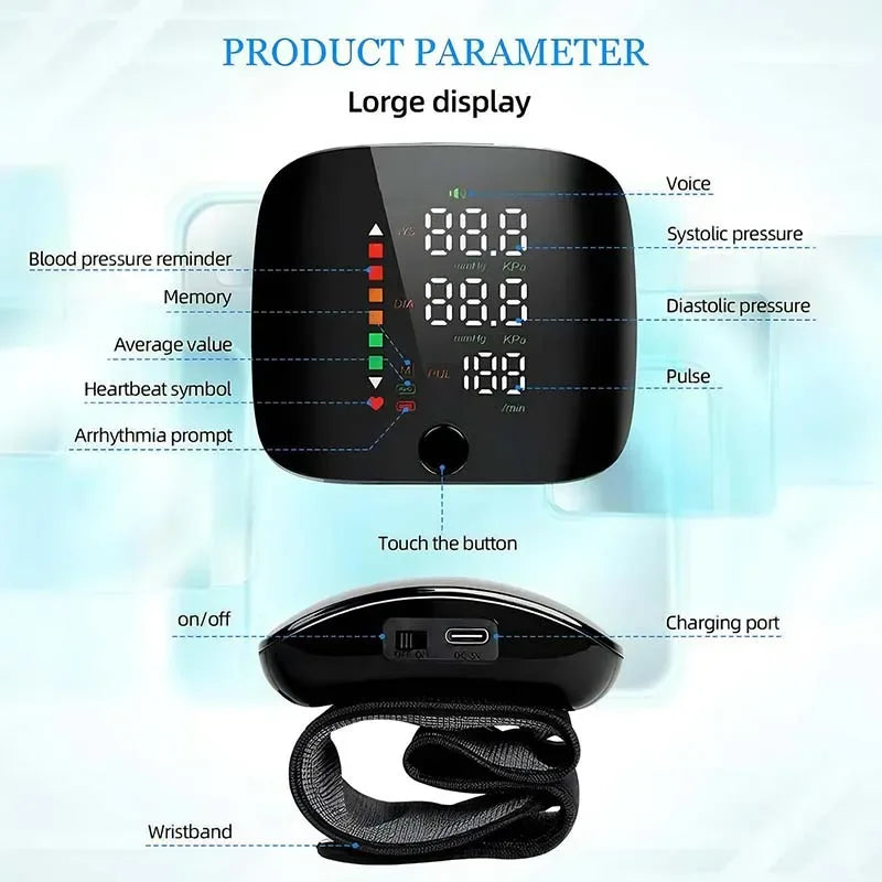 Smart LCD Rechargeable English Voice Wrist Blood Pressure Monitor Digital Automatic BP Tonometer Heart Rate Sphygmomanometer