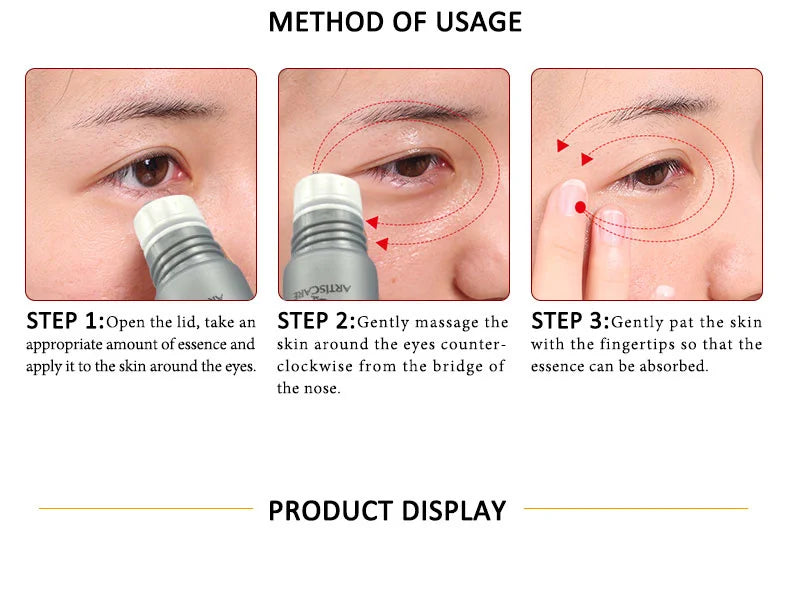 ARTISCARE 24K Gold Serum set: 3-piece facial skincare routine showing application steps for moisturizing eye cream.