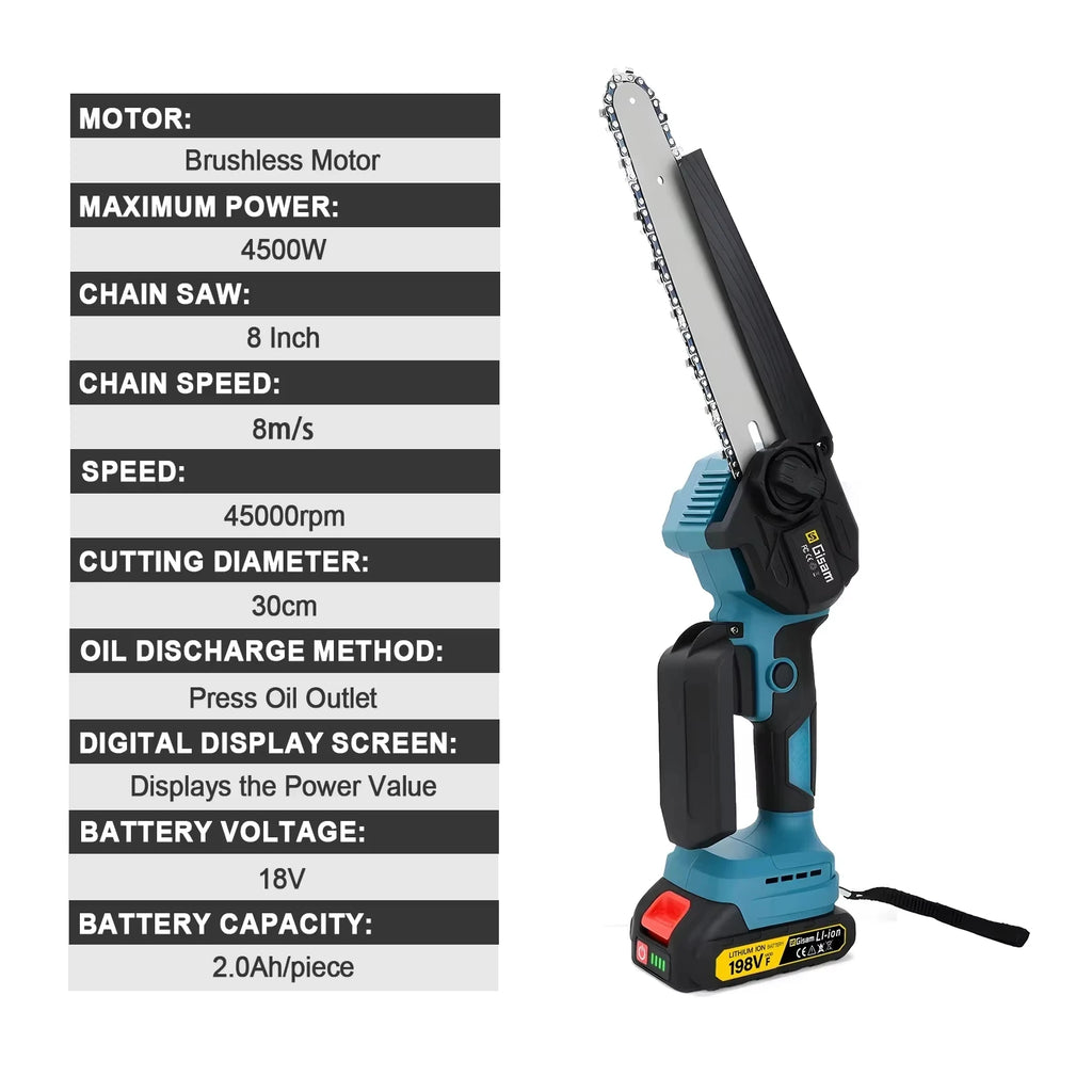 Gisam 8 Inch Brushless Electric Chainsaw Cordless Portable Electric Saw Woodworking Power Tool For makita 18v battery pins