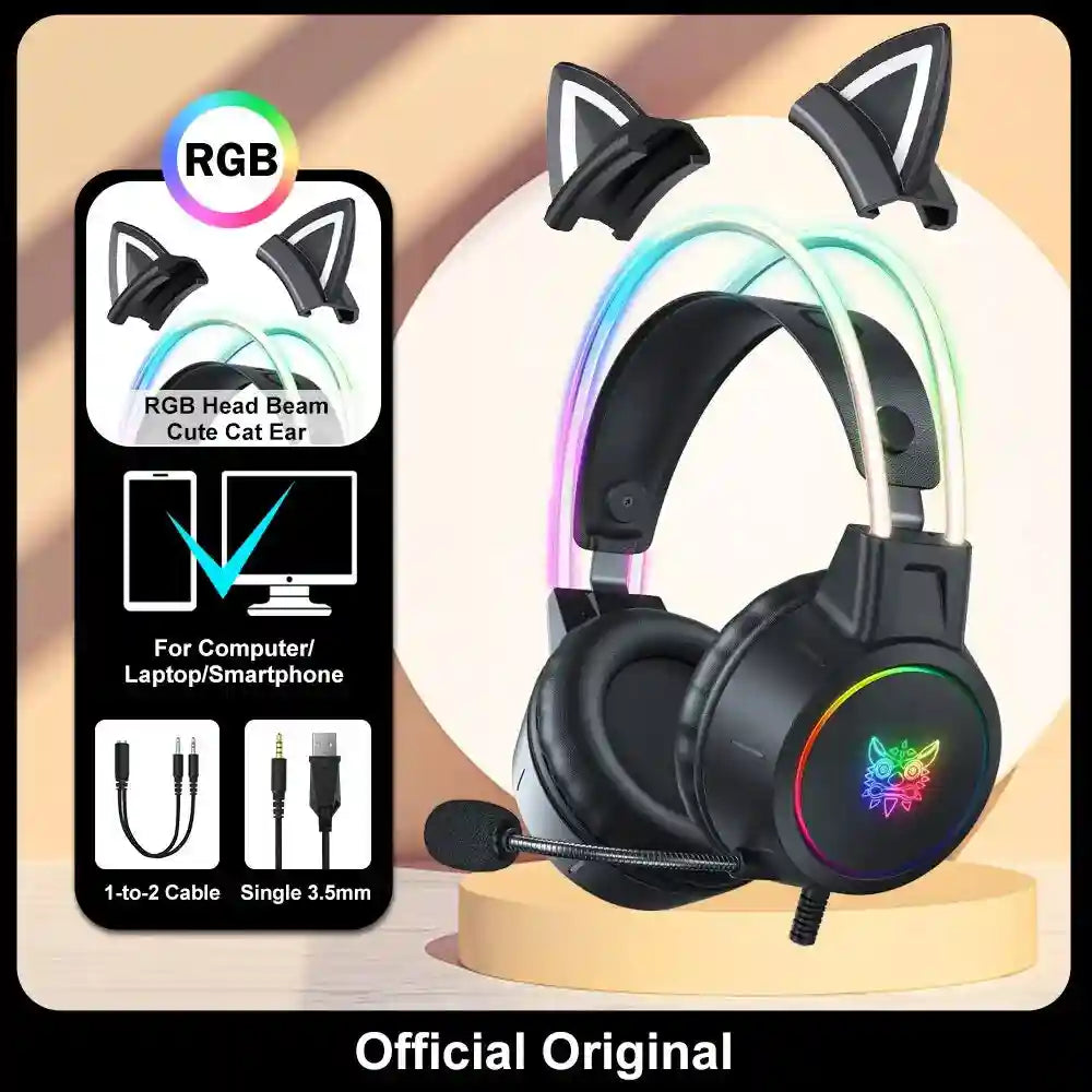 Pink Cat Ear Gaming Headset | Wireless Over-Ear Headphones with Mic Tidesmit