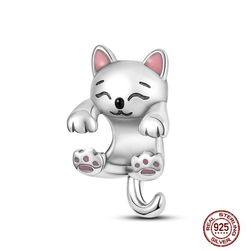 Cute cat charm in 925 sterling silver with pink accents for DIY pet-themed bracelets and personalized jewelry.