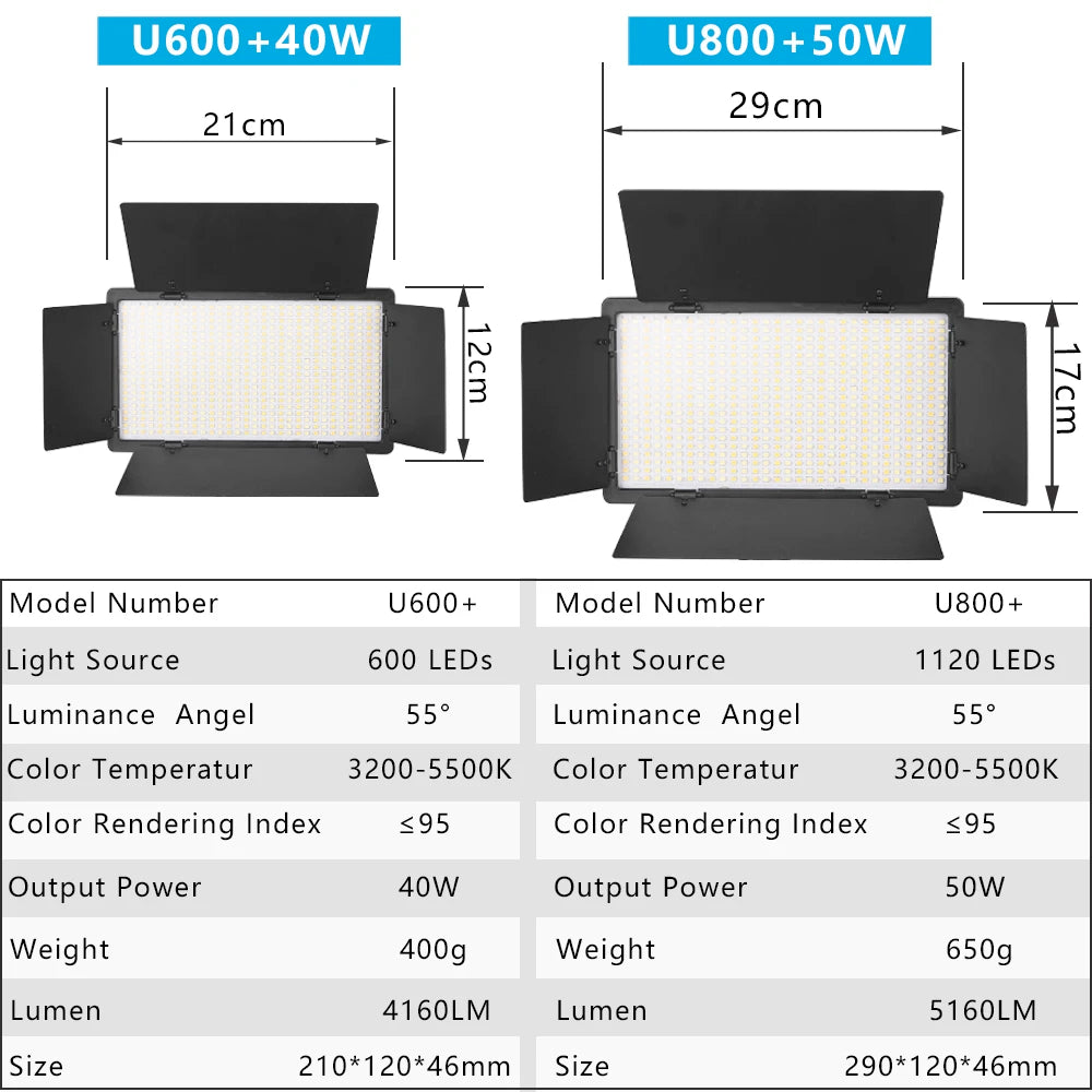 Two rectangular LED video panels with black barn doors, shown with technical specifications for U600 and U800 models.