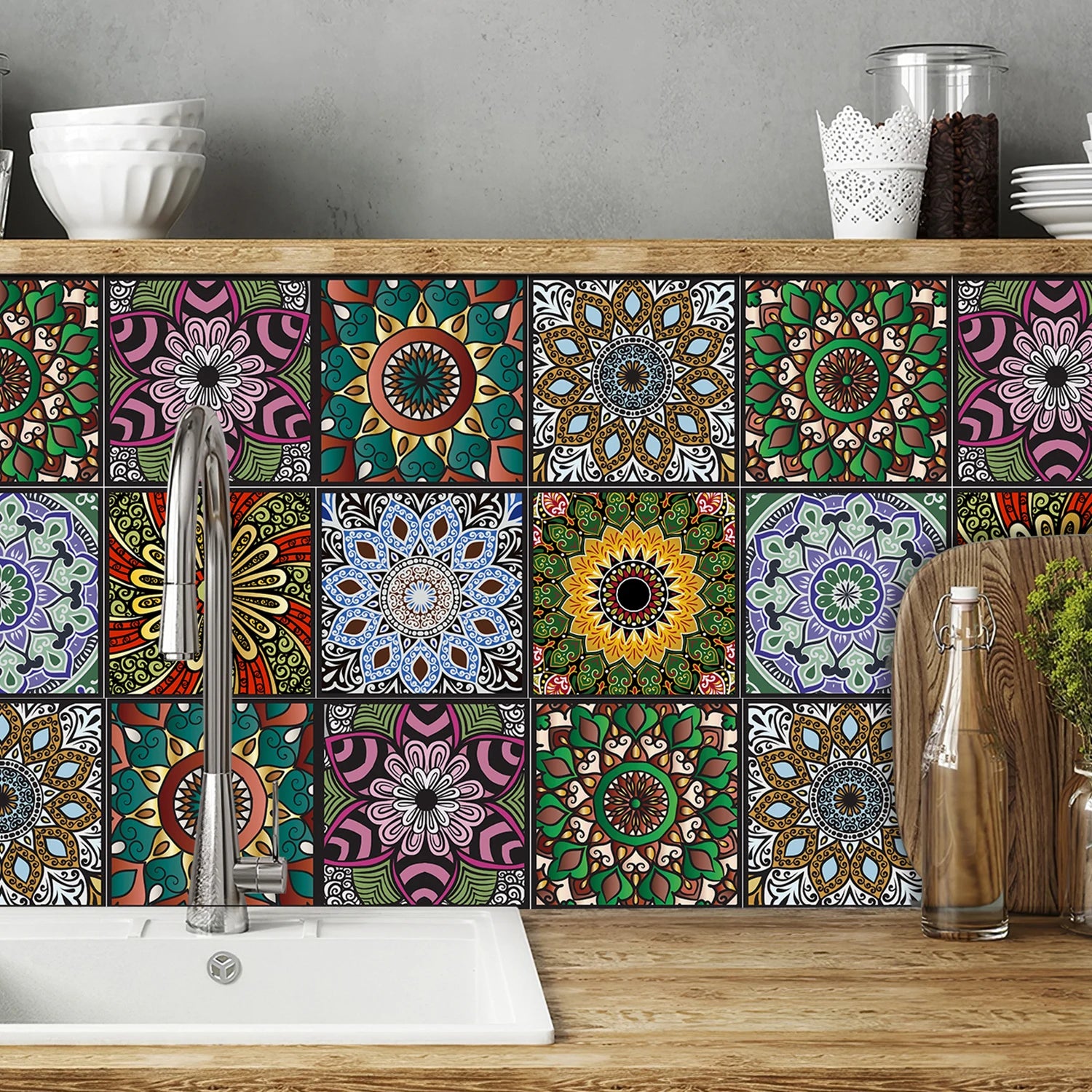 10 pcs/pack, Floral Mandala PVC Self-Adhesive Tile Stickers - Waterproof, Oil-Proof, Easy to Clean for Home Decoration