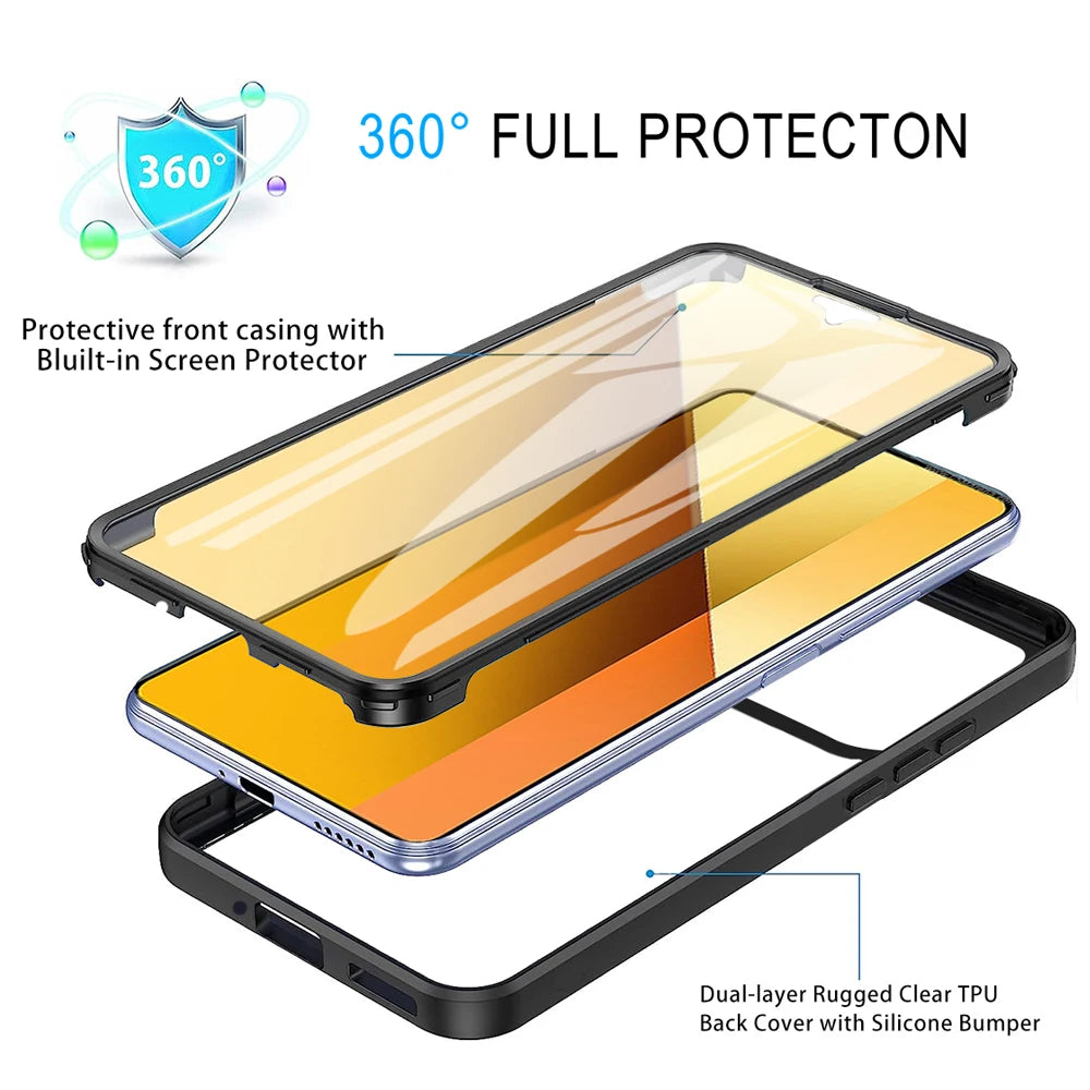 Shockproof 360 full-cover phone case for Xiaomi with built-in screen protector and rugged clear TPU bumper.