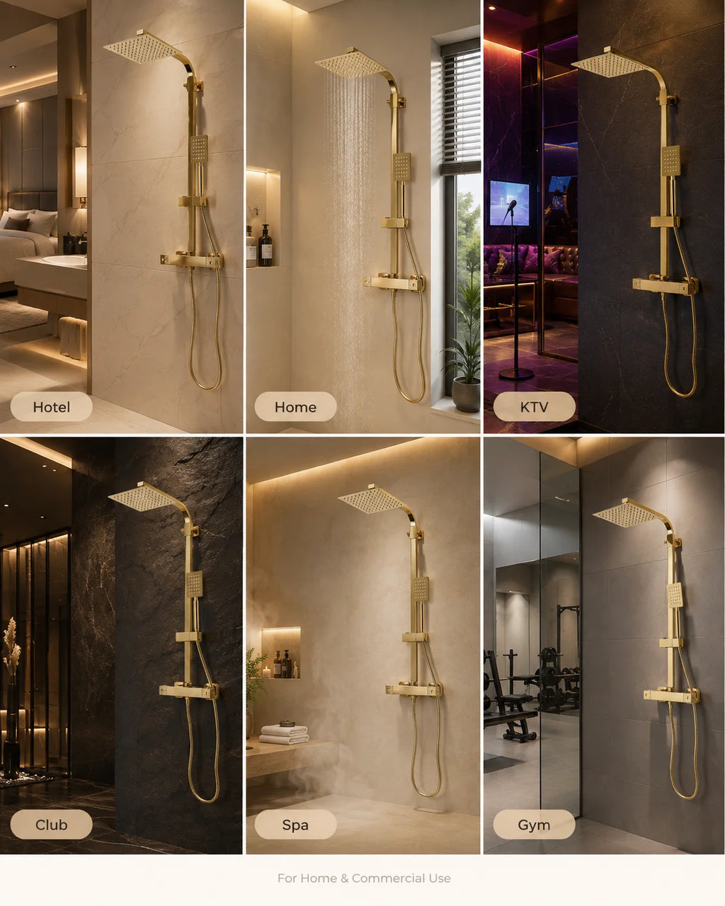 Thermostatic Shower System with Rain Shower Head, Gold Brass Shower Column Set, 304 Stainless Steel 180° Rotating Overhead Shower, 2-Button Temperature Control 0-176°F, Height Adjustable, Anti-Tangle Hose, for Hotel Home KT