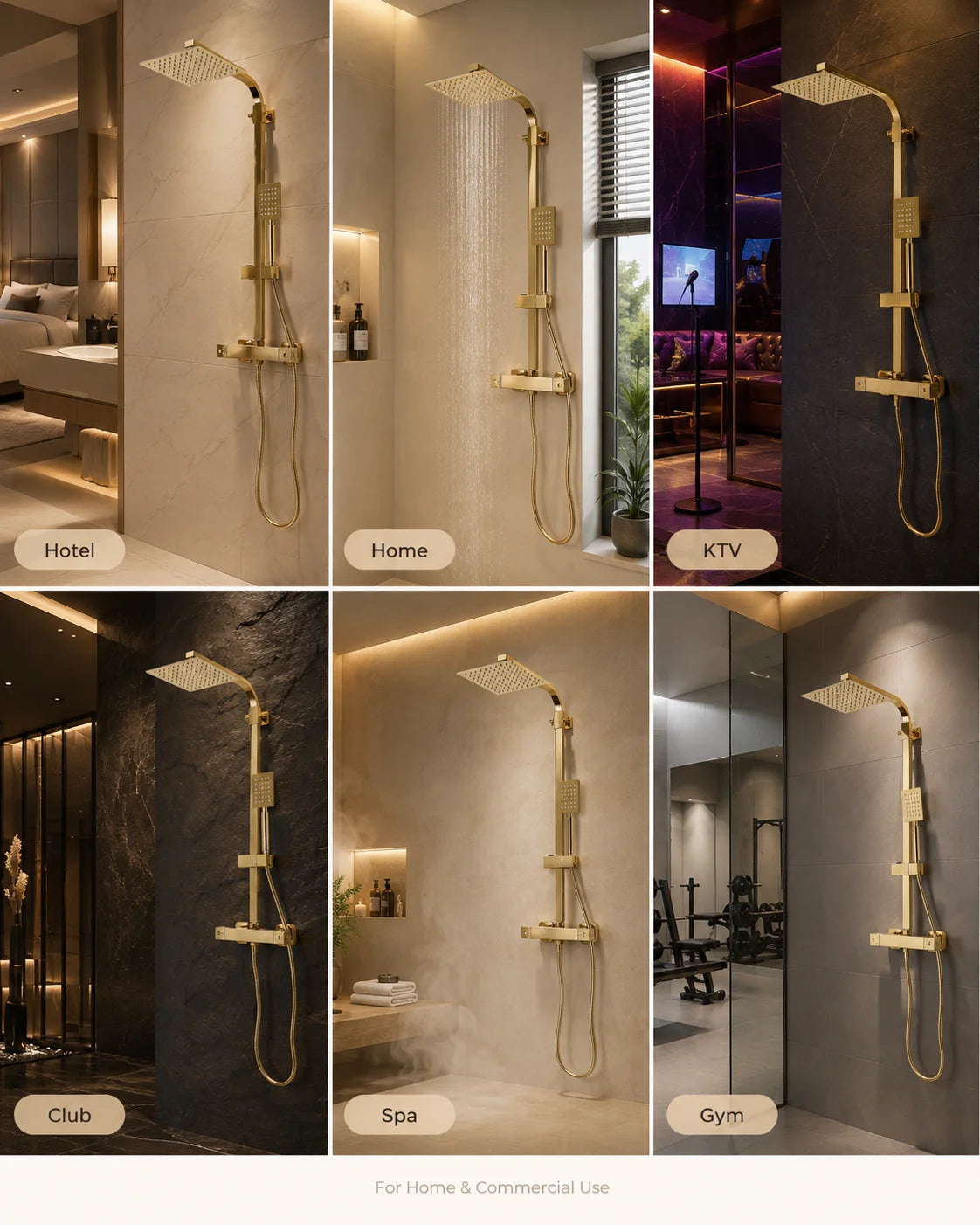 Thermostatic Shower System with Rain Shower Head, Gold Brass Shower Column Set, 304 Stainless Steel 180° Rotating Overhead Shower, 2-Button Temperature Control 0-176°F, Height Adjustable, Anti-Tangle Hose, for Hotel Home KT
