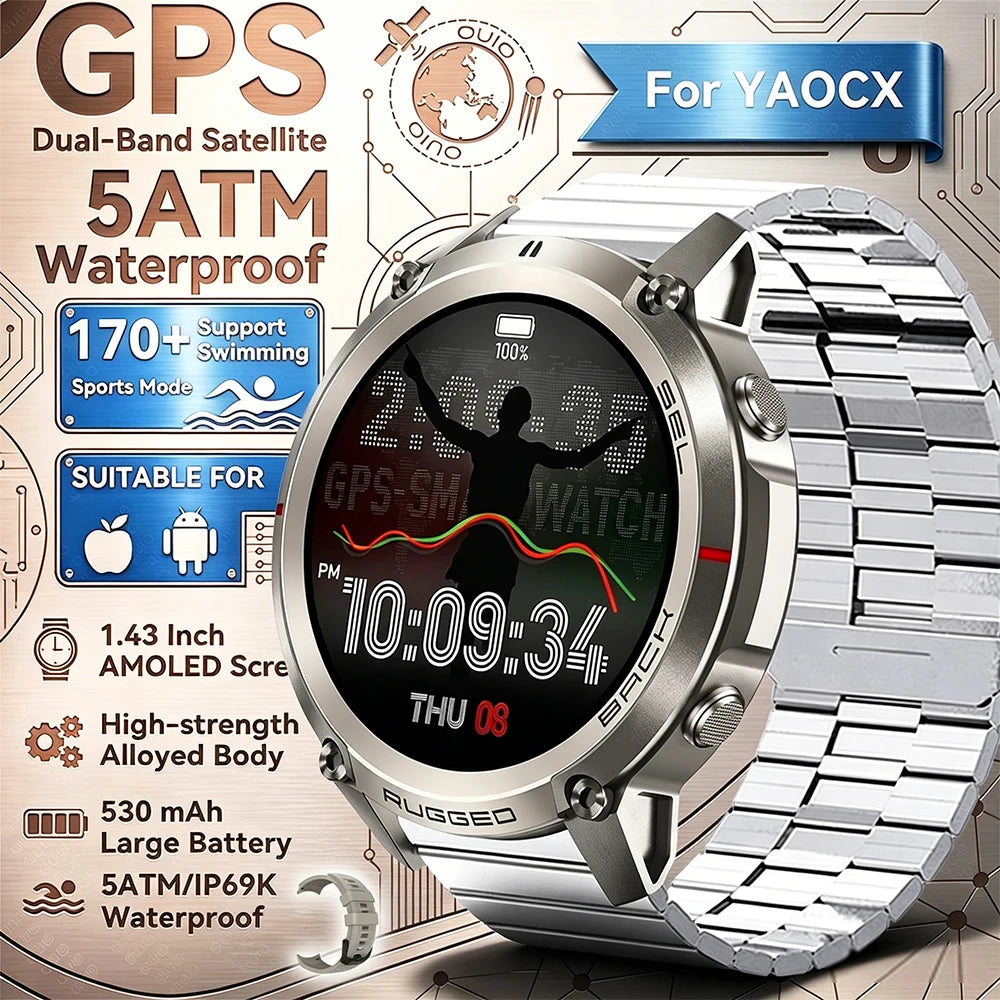 2026 New Outdoor GPS Smart Watch Map Compass Navigation 5ATM Waterproof Bluetooth Call 100+Sport Mode Men AMOLED HD Smart Watch