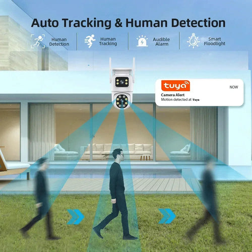 Outdoor PTZ WiFi security camera near a house, showing dual-lens design