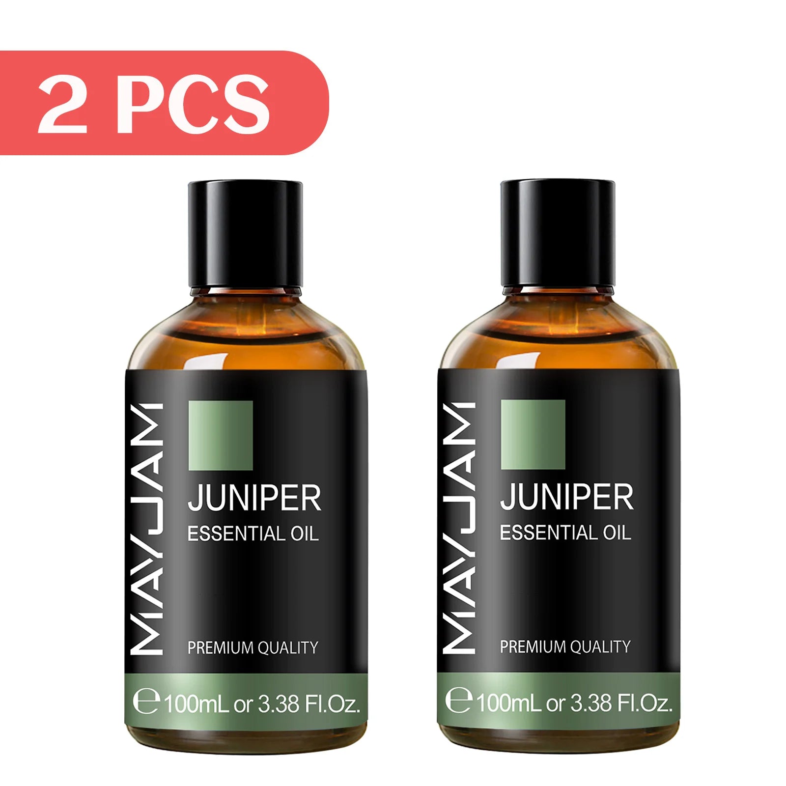 Juniper essential oil, 2-pack amber bottles with black caps, 100ml.
