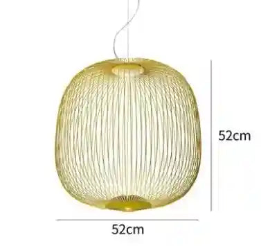 Gold wire pendant light, spherical cage shape, 52cm by 52cm, for ceiling installation.