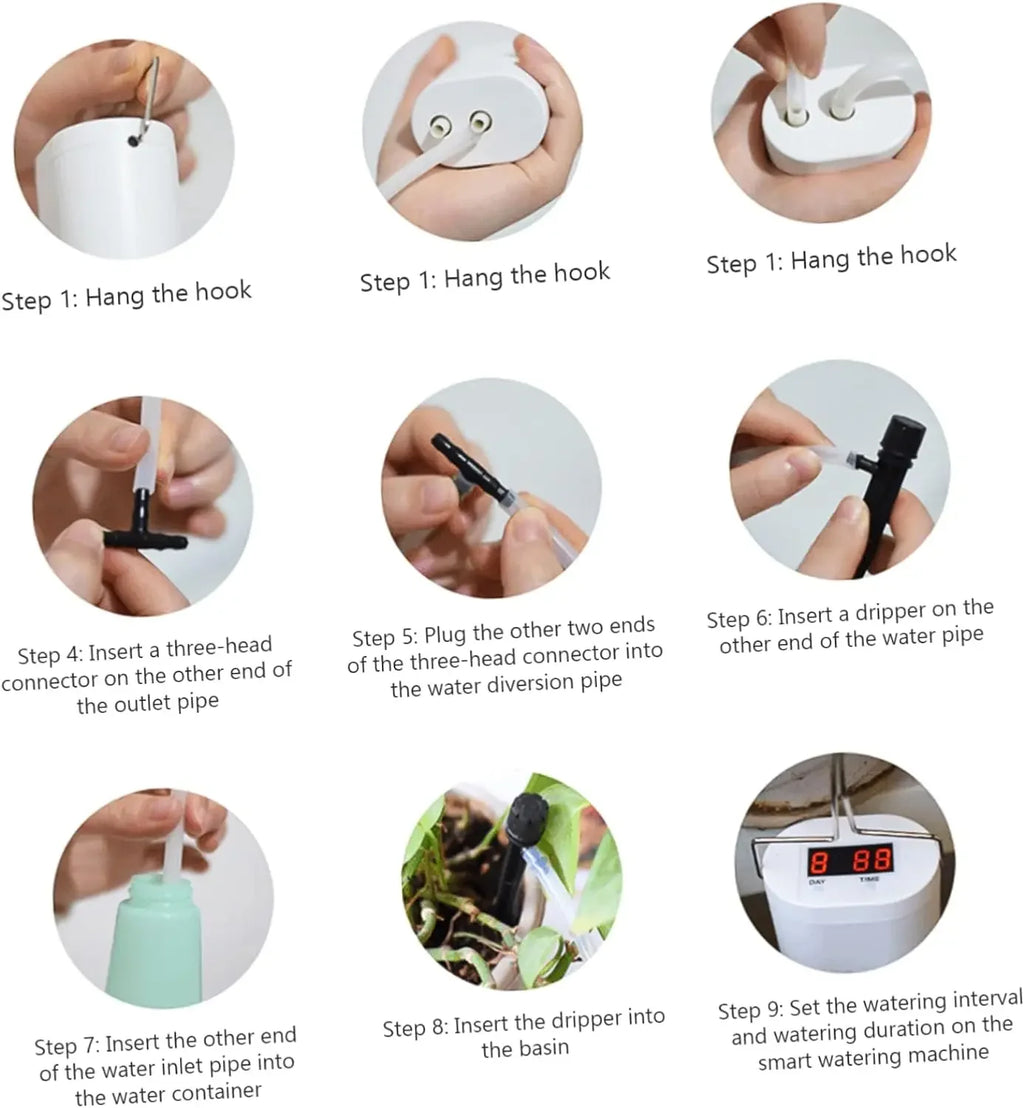 Drip irrigation timer kit installation diagram with hook, tubes, and dripper parts
