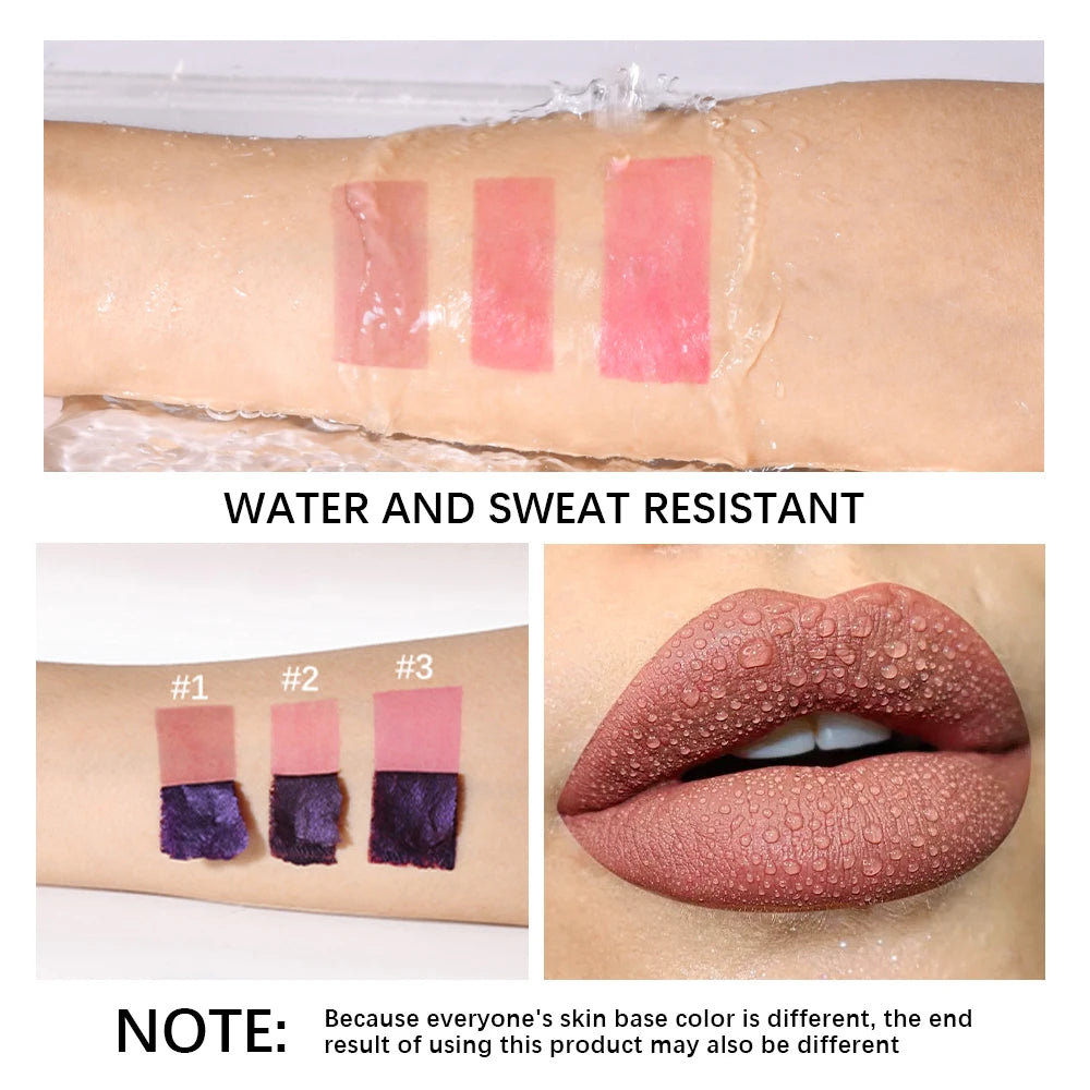 Waterproof peel-off lip stain swatches and matte lipstick finish on lips showing long-lasting, transfer-proof color.