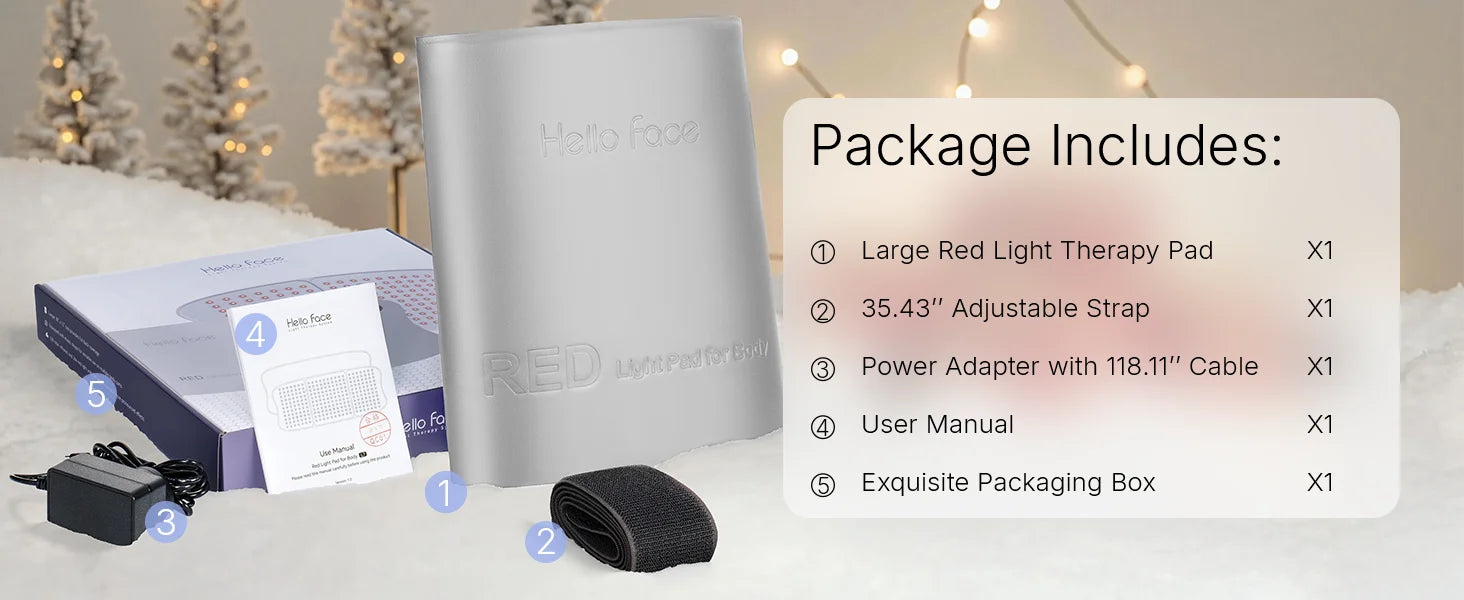Large silver red light therapy pad with power adapter, adjustable strap, manual, and box for body pain relief.