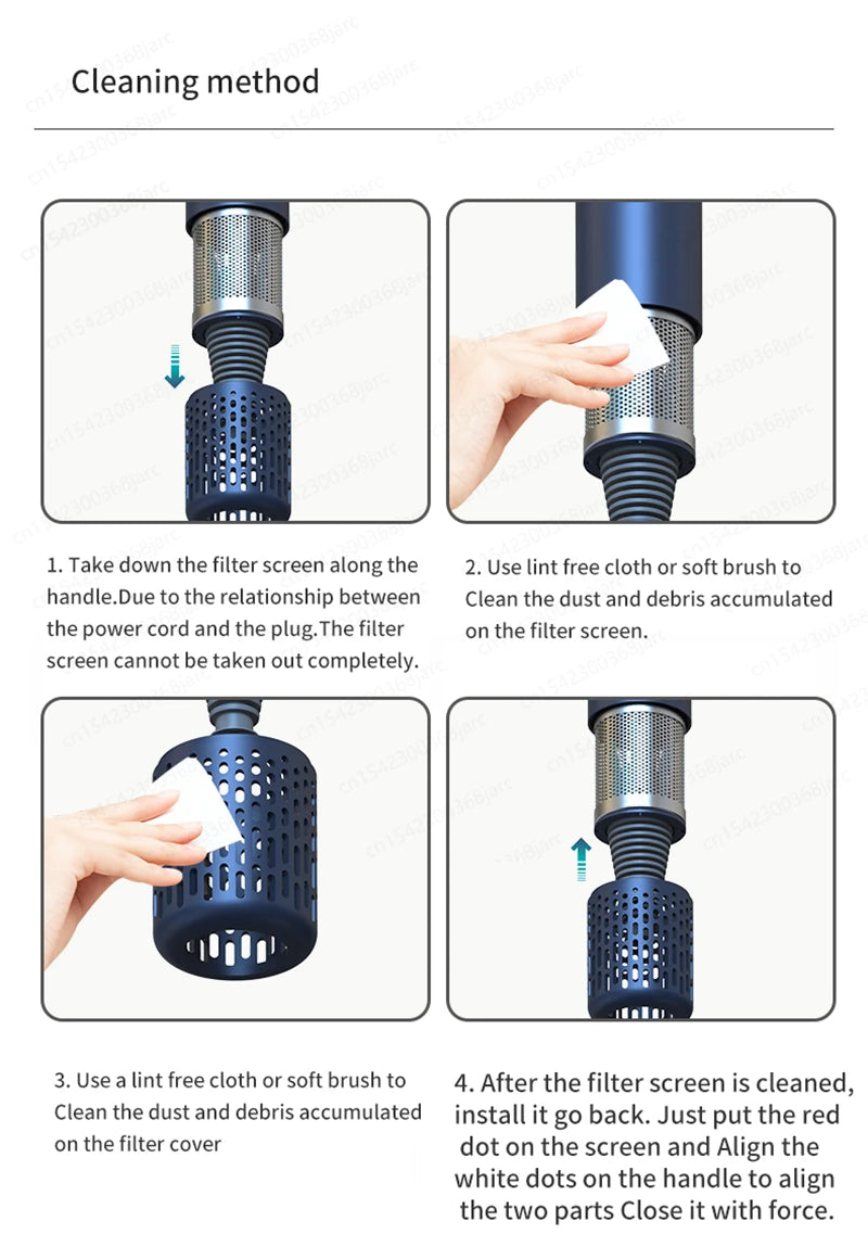 Blue professional leafless hair dryer showing step-by-step cleaning instructions for the removable intake filter.