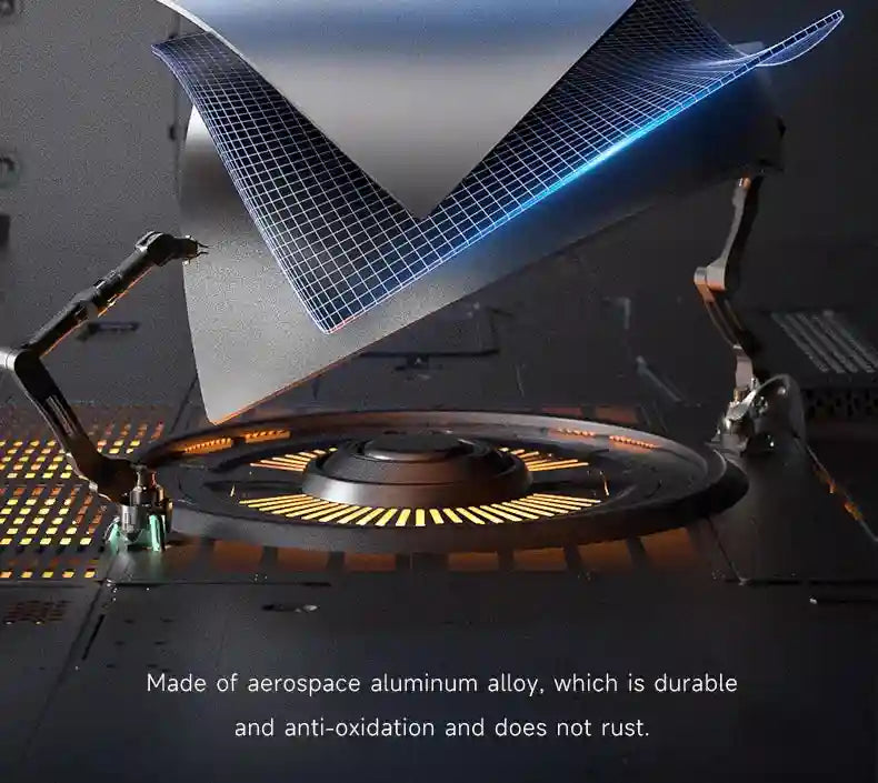 Aerospace aluminum alloy panel with a blue grid pattern being handled by mechanical arms over a backlit circular base.