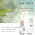 Hope Christine Good Morning perfume: clear glass bottle, wooden cap, and elegant gardenia-themed floral fragrance box.