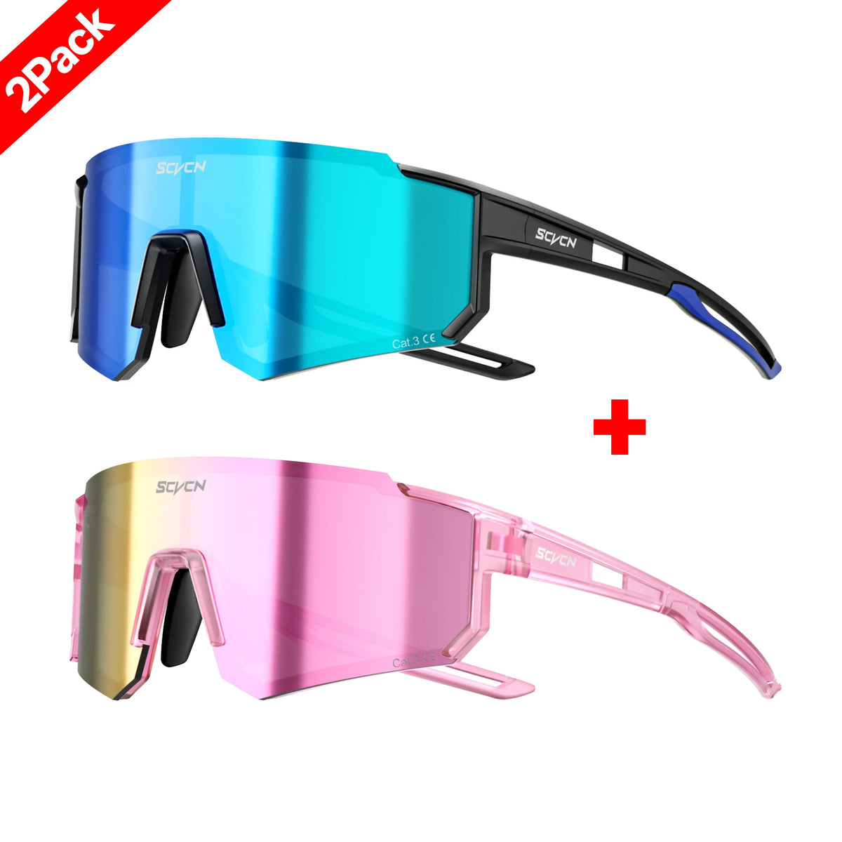 Cycling sunglasses 2-pack: blue and pink tinted lenses, black temples with side shields