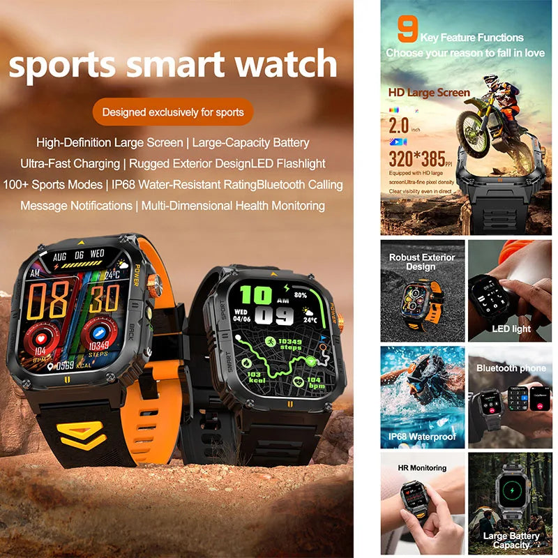 Hot Sell Gifts 2026 New Military SmartWatch Men Outdoor Sports IP68 Waterproof  LED Bluetooth Call Health Monitoring Men Women