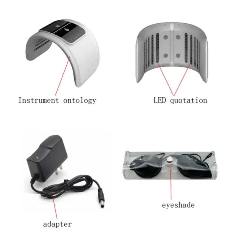 White arched LED facial therapy device with power adapter and protective eyewear in a clear case.