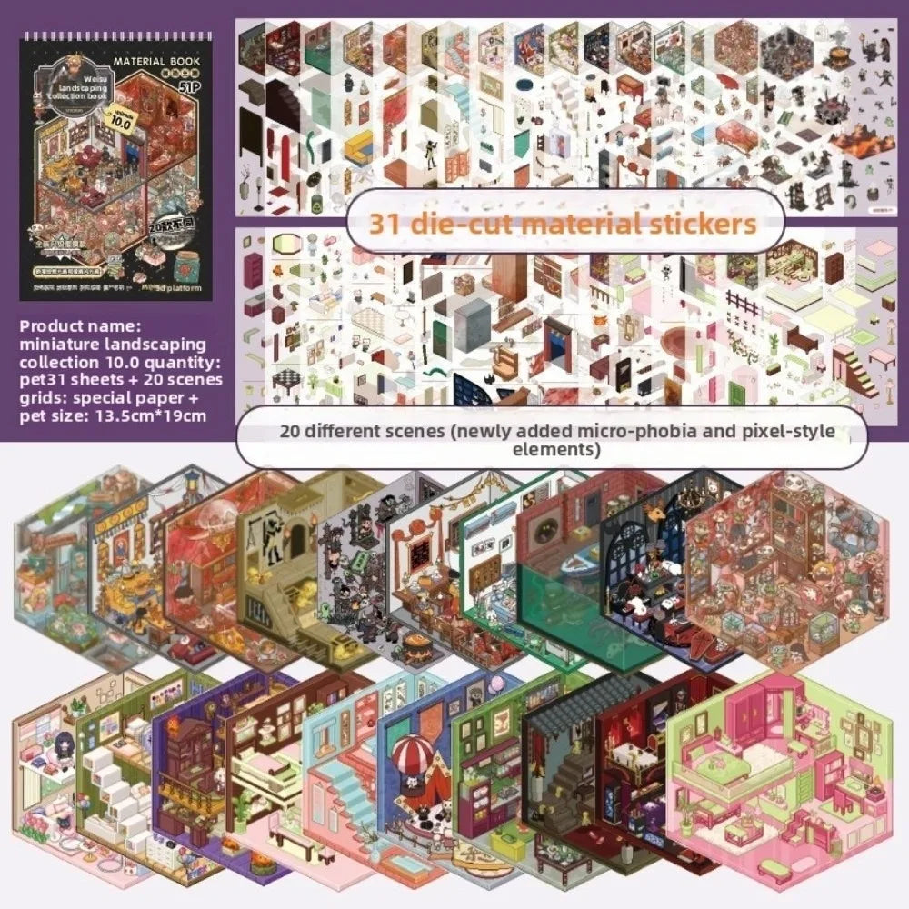 Horror-themed PET sticker book with 51 sheets for DIY crafts, featuring 20 miniature pixel-style room scenes.