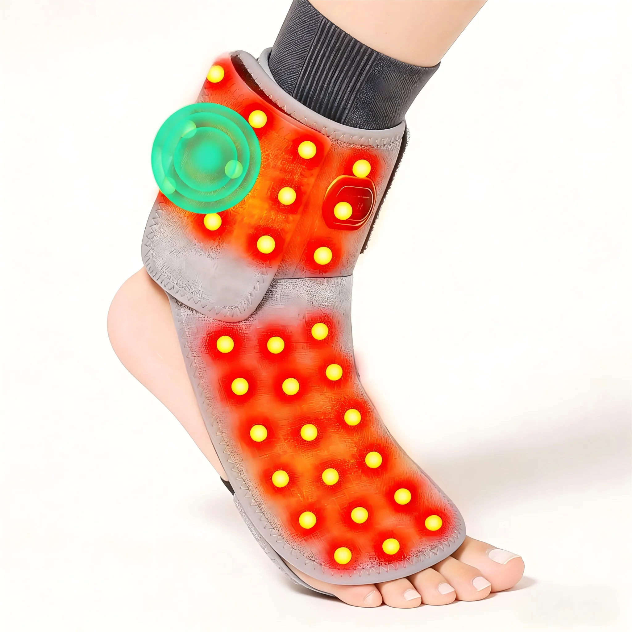 Red light ankle heating sleeve with vibration massage for pain relief and joint support on a human foot.