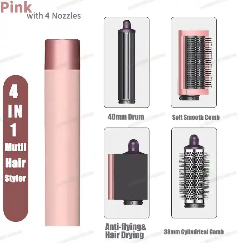 Pink 4-in-1 hair styler set with auto-curler, smoothing brush, dryer nozzle, and 38mm volume comb for salon styling.