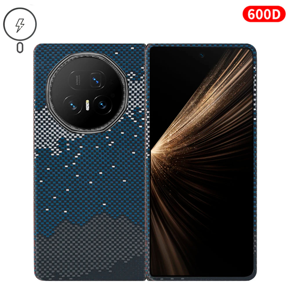 Blue and gray 600D aramid fiber phone case with a geometric pattern, featuring a circular camera cutout.
