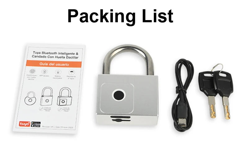 Tuya Fingerprint Padlock Bluetooth Smart Home Door Lock 20 Groups Fingerprint Safe Backup Key USB Charging For Home House Garage