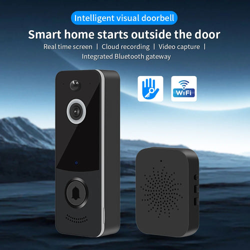 Outdoor wireless video doorbell camera with compact chime module, black